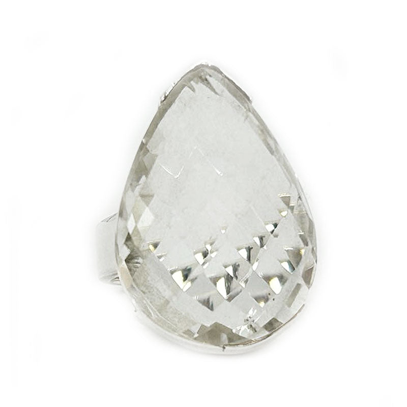 large clear quartz teardrop gemstone silver ring