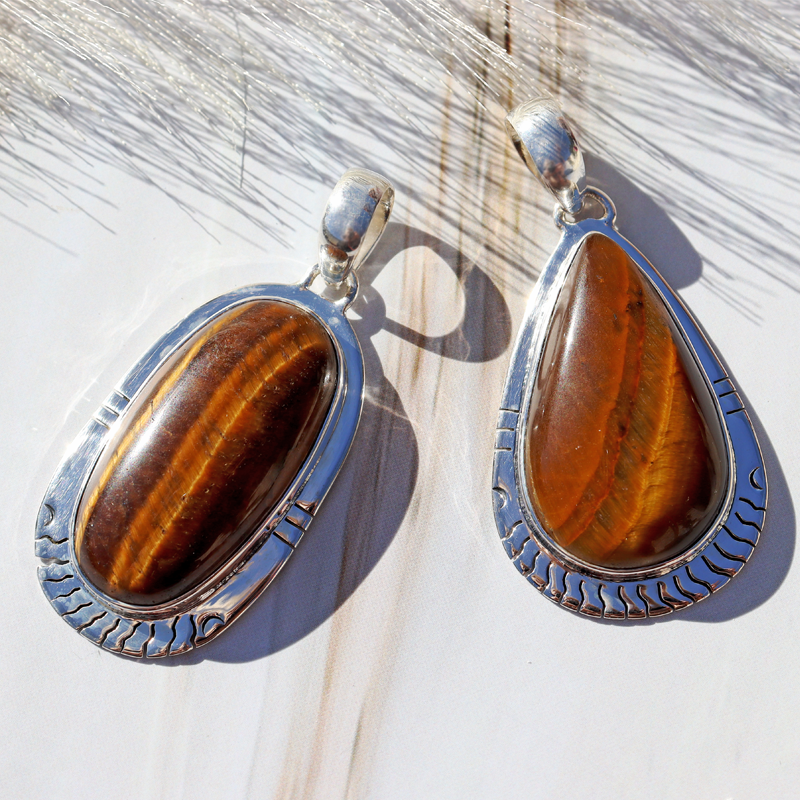 oval tiger eye gemstone silver pendant