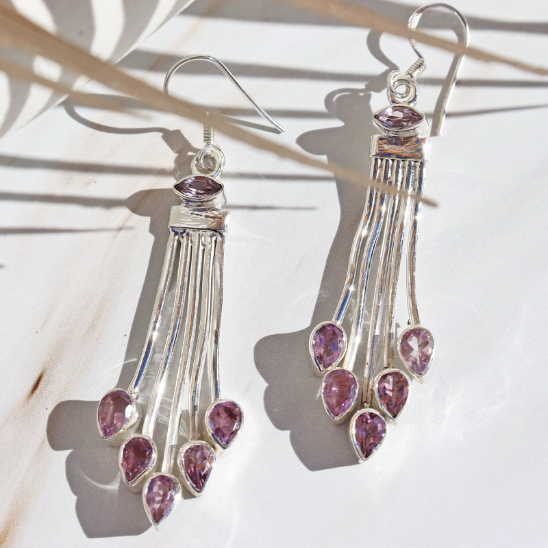 amethyst teardrop gemstone silver earrings