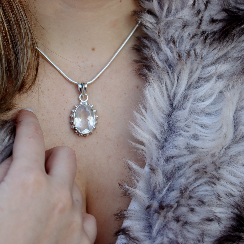 clear quartz oval gemstone silver pendant
