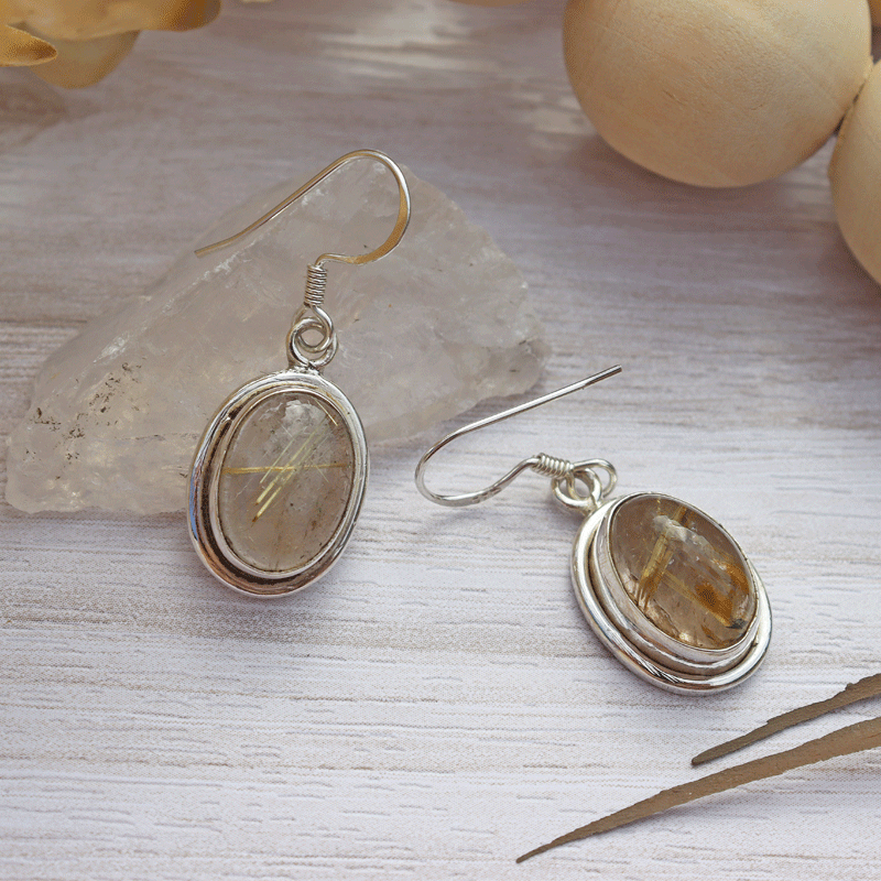 rutilated quartz oval silver gemstone earrings