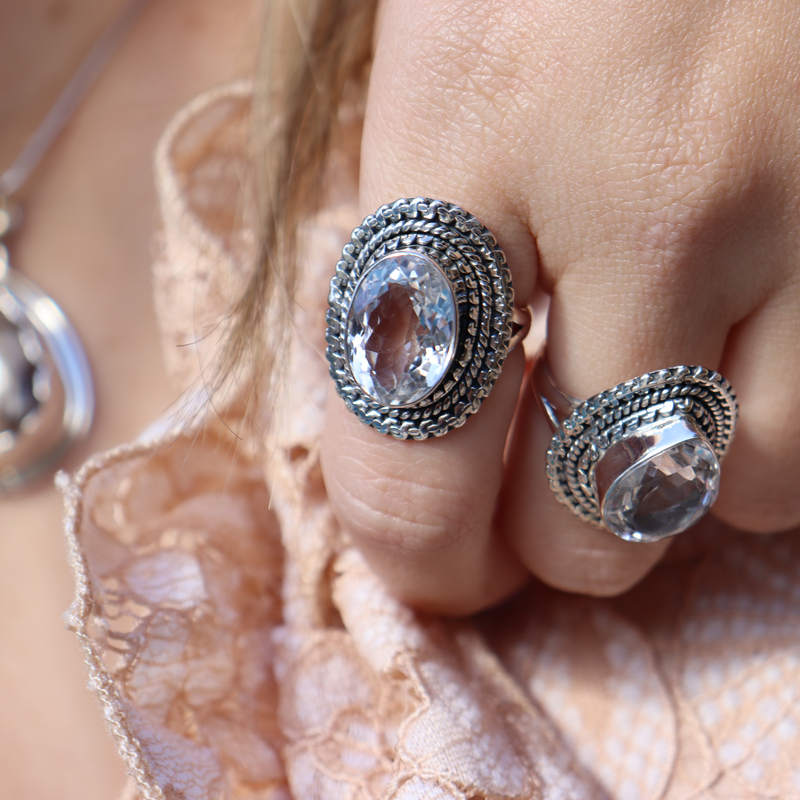 clear quartz oval silver gemstone ring