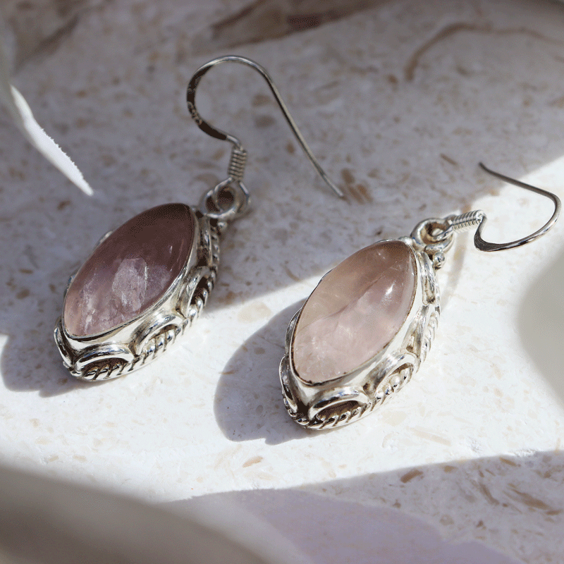 rose quartz gemstone silver earrings