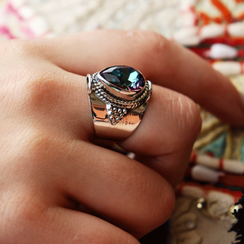 mystic topaz teardrop gemstone silver ring