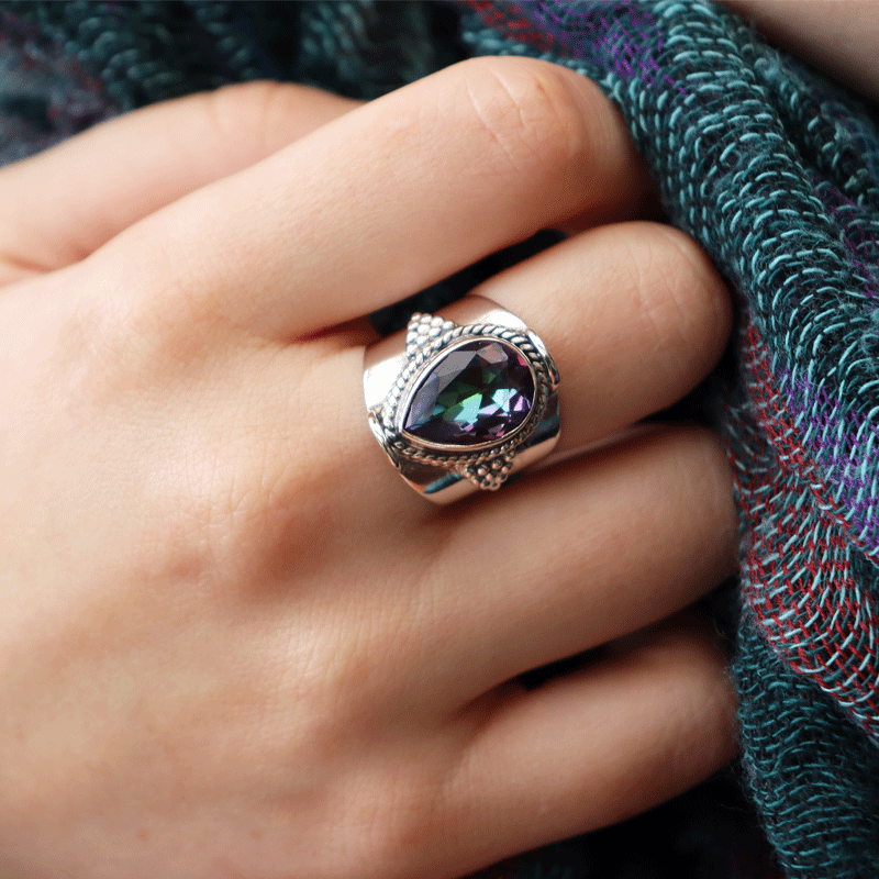 mystic topaz teardrop gemstone silver ring