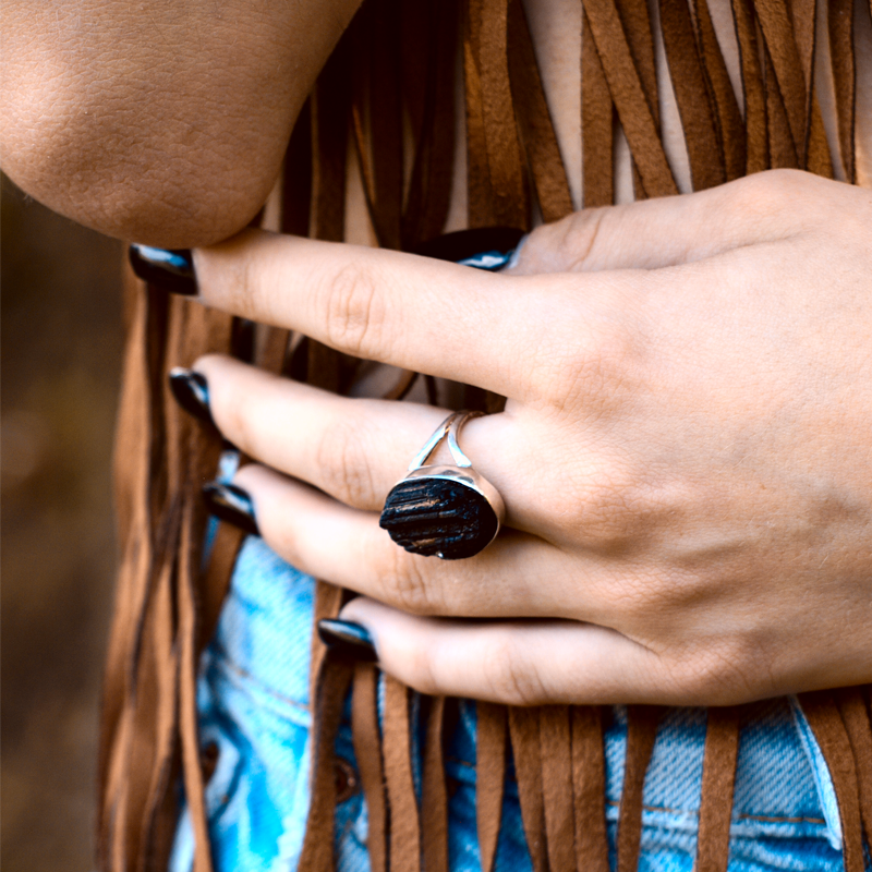 black tourmaline rough sterling silver ring