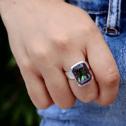 mystic topaz square silver gemstone ring