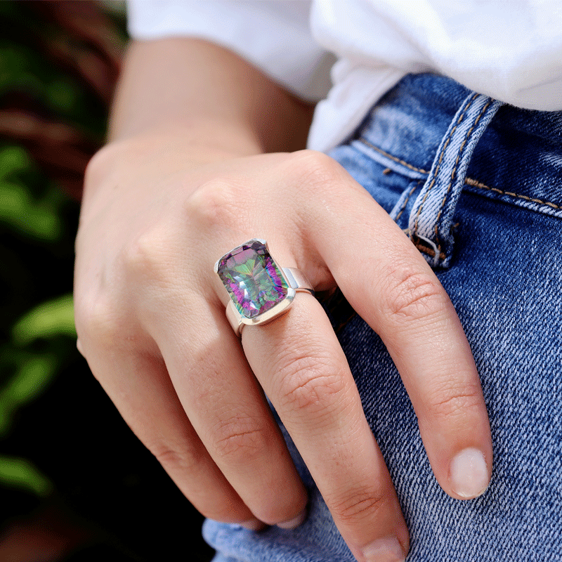 mystic topaz square silver gemstone ring
