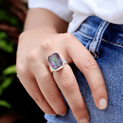 mystic topaz square silver gemstone ring