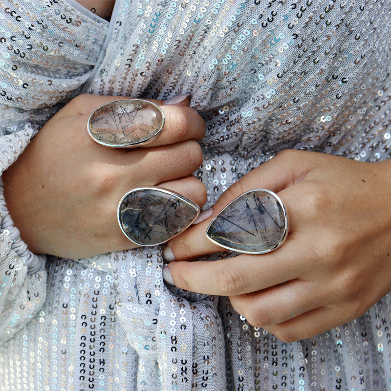 large black rutilated quartz silver gemstone ring