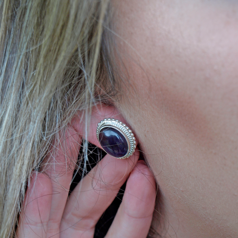 amethyst gemstone sterling silver boho style stud earrings