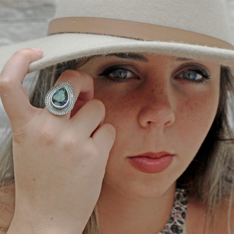 mystic topaz teardrop gemstone sterling silver ring
