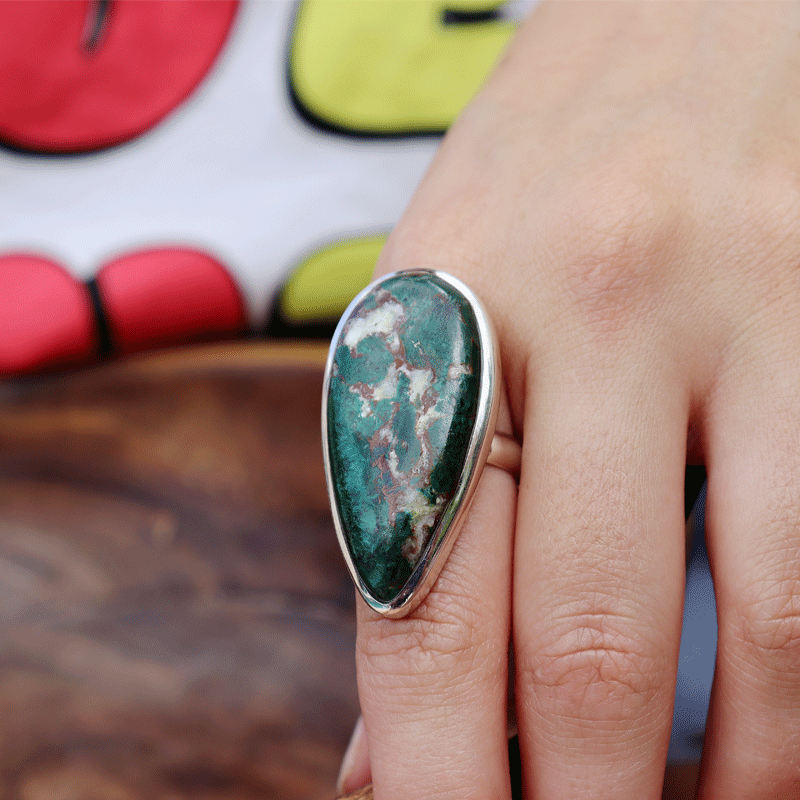 chrysocolla statement silver gemstone ring