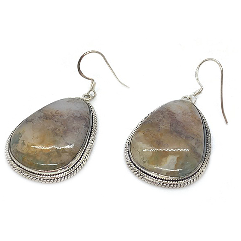 moss agate gemstone silver earrings