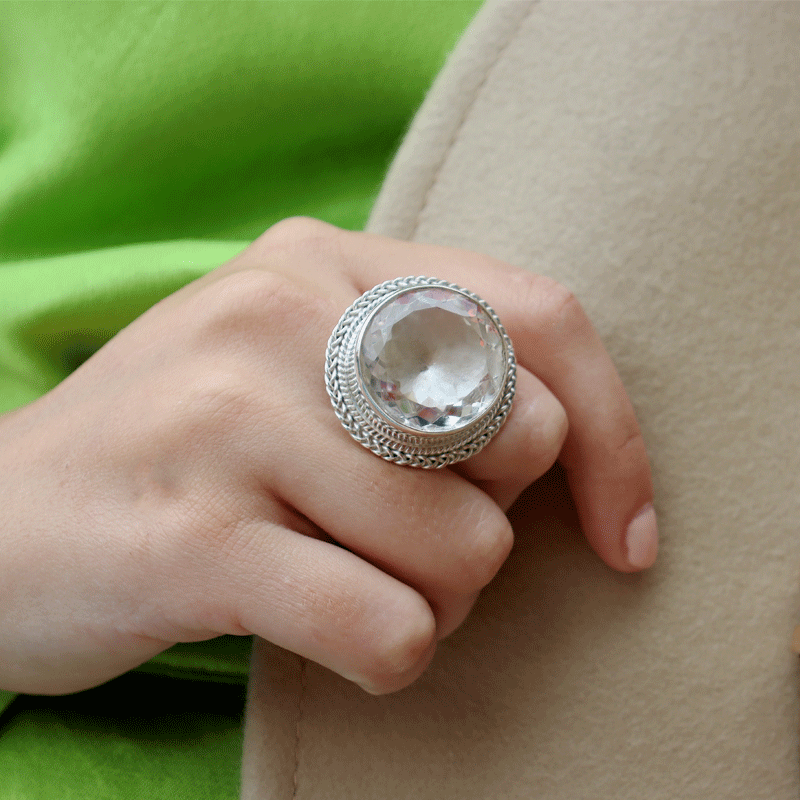 clear quartz large statement silver gemstone ring