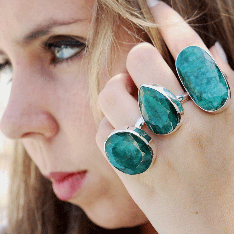 oval large statement emerald quartz silver gemstone ring