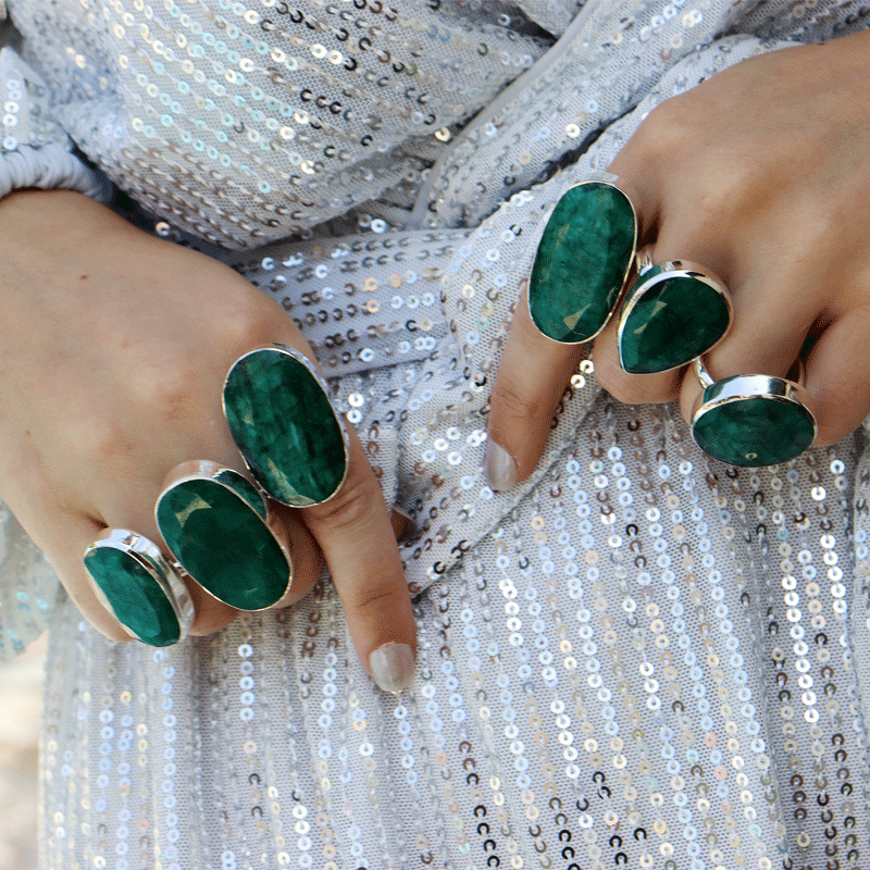 oval large statement emerald quartz silver gemstone ring