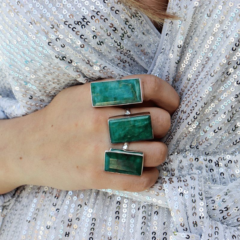 emerald quartz silver gemstone ring
