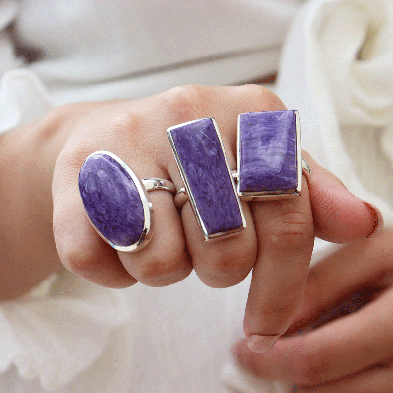 charoite large statement silver gemstone ring