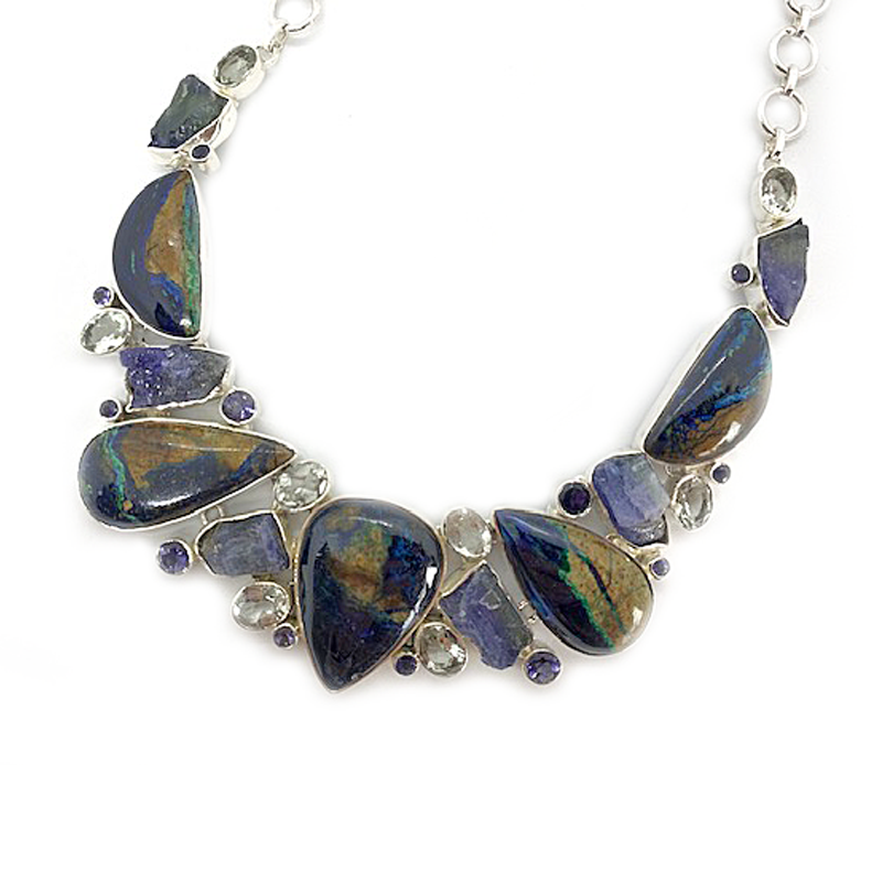 azurite tanzanite clear quartz amethyst multi gemstone silver necklace