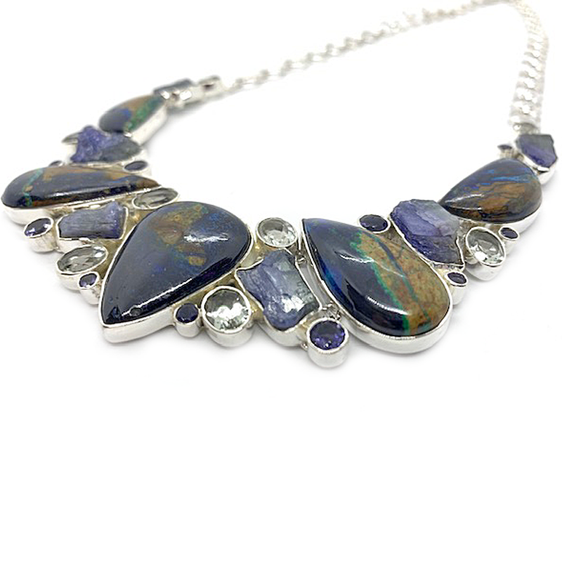 azurite tanzanite clear quartz amethyst multi gemstone silver necklace