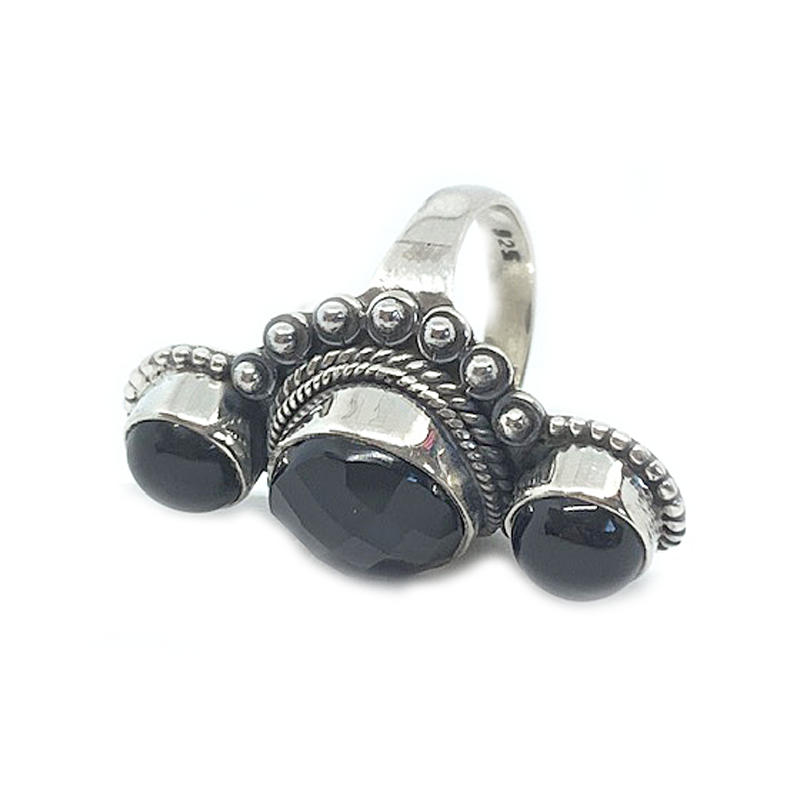 black onyx triple gemstone silver ring