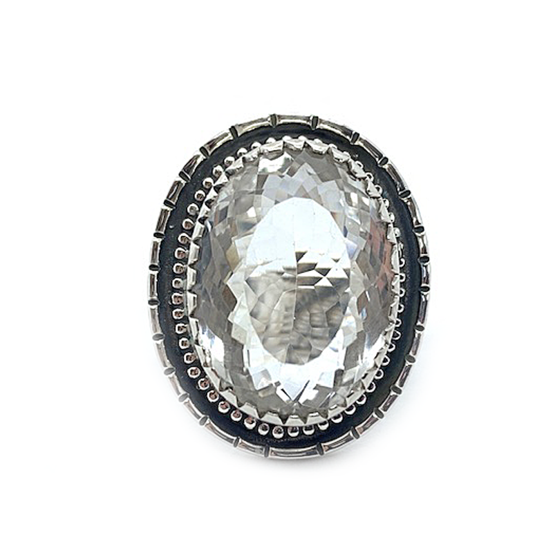 clear quartz round silver gemstone ring