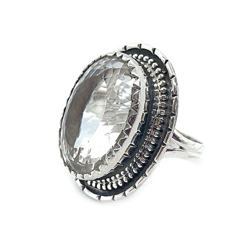 clear quartz oval gemstone silver ring