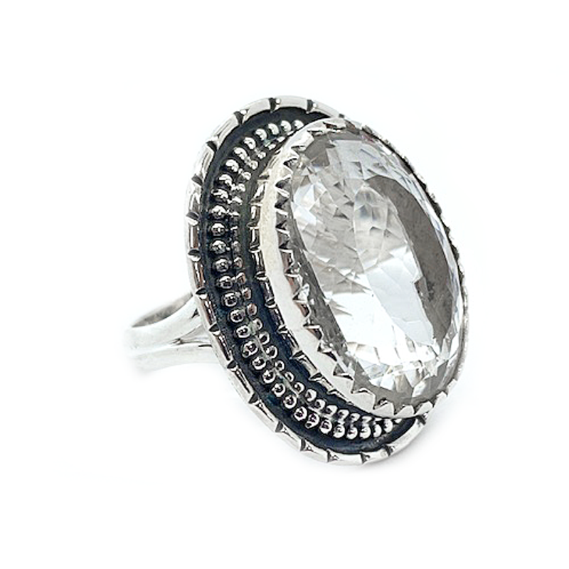 clear quartz oval gemstone silver ring