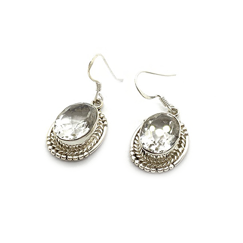 clear quartz oval gypsy style sterling silver earrings