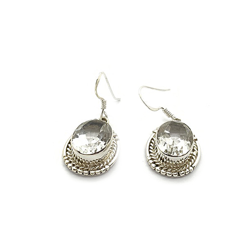 clear quartz oval gypsy style sterling silver earrings