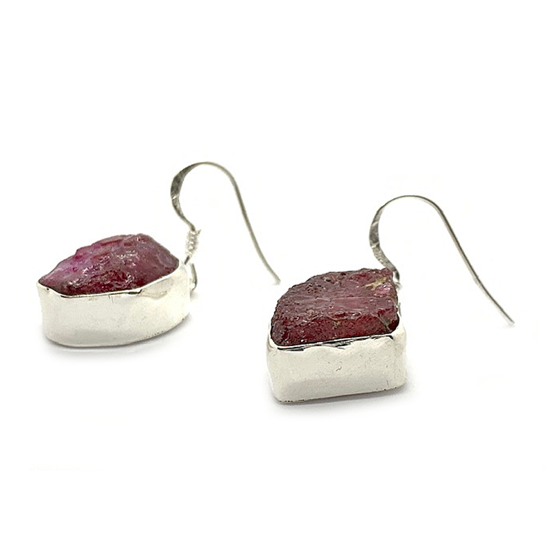 raw ruby gemstone sterling silver drop earrings