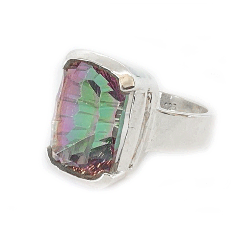 mystic topaz square silver gemstone ring
