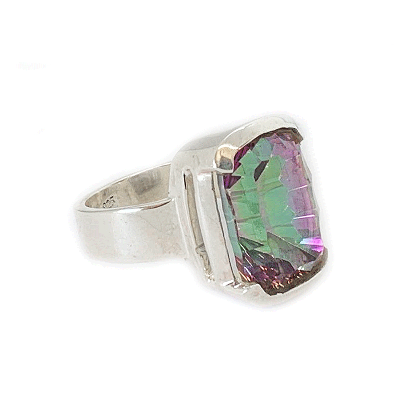 mystic topaz square silver gemstone ring