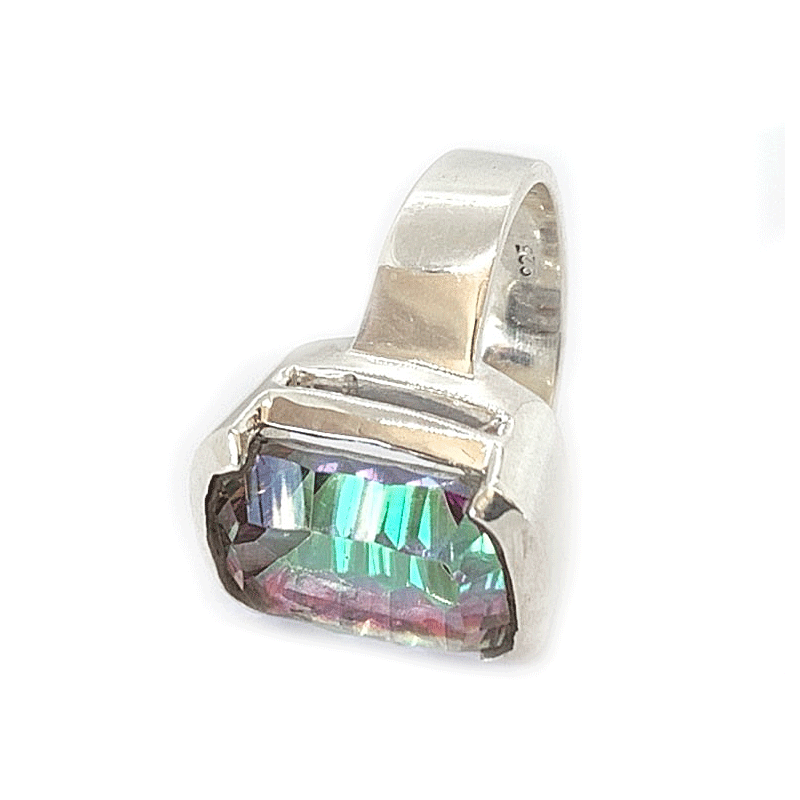 mystic topaz square silver gemstone ring