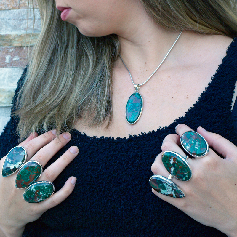 big statement chrysocolla silver gemstone ring