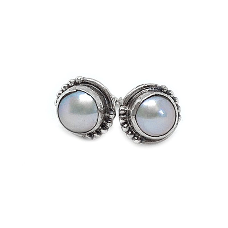 pearl round gemstone silver stud earrings