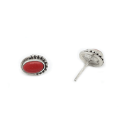 red coral oval silver gemstone stud earrings