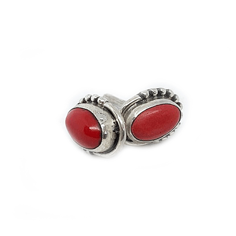 red coral oval silver gemstone stud earrings