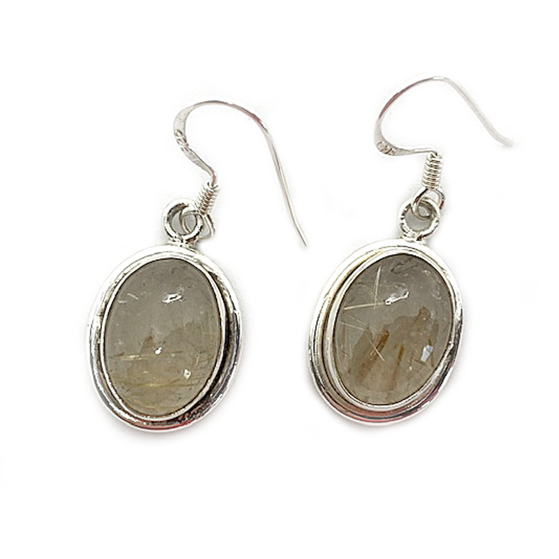 rutilated quartz oval silver gemstone earrings